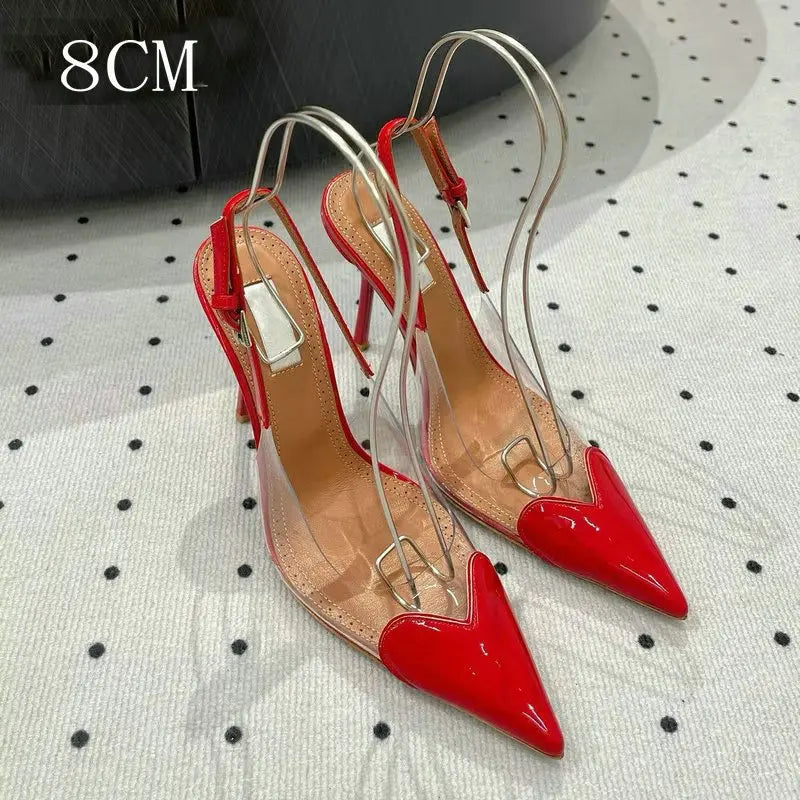 Manufacturer  New Pointy Peach Heart Fine Heel Shoes Sexy Pvc Transparent Film Black Patent Leather High Heel Overhead Sandals   Pumps