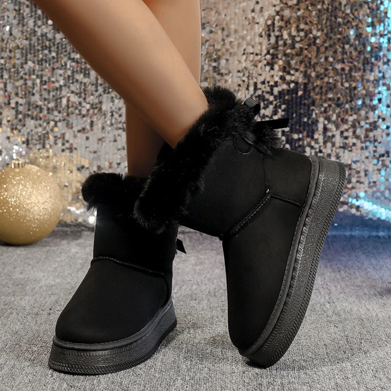 Manufacturer   New Fashionable Bow Round Toe Elegant Snow Boots Winter Flat Wear-resistant Soft Students Plus Velvet Warm Women's Shoes   boots