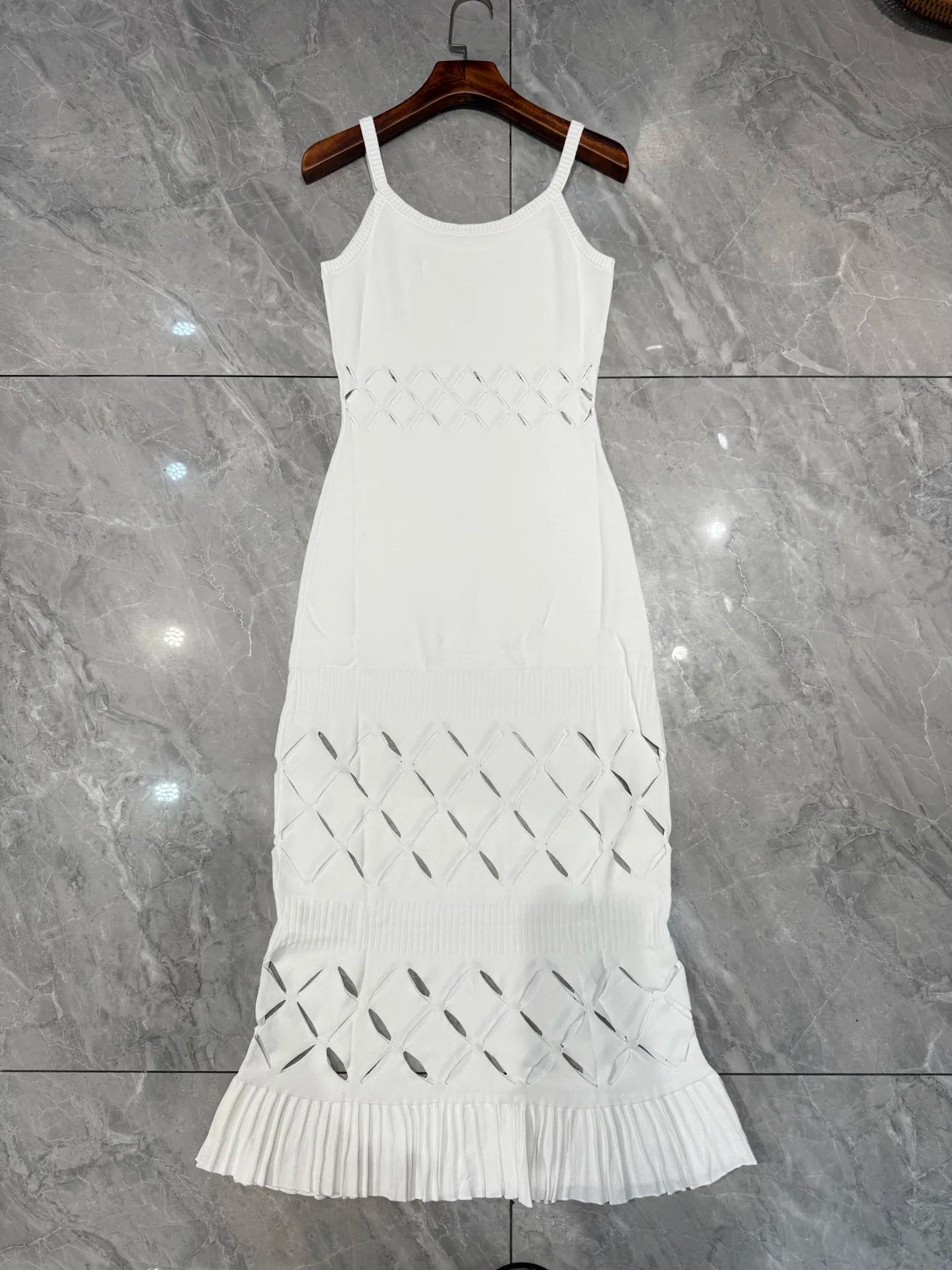 Women Sexy Strapless Sleeveless Cut Out Pure White Slim Long Knit Suspender Dress