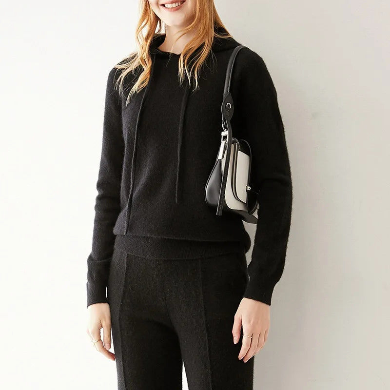 Seamless Real Cashmere Pullovers Sweater Autumn Winter Women 100% Cashmere Knitted Hooded Knitwear Casual Long Sleeve Jumper