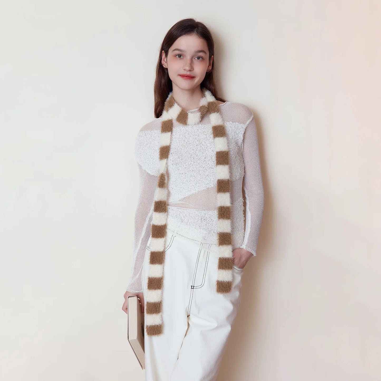 4.5cm*195cm Small Narrow Striped Scarf Y2K Style Women Knit Long Fluffy Scarf Black white Stripes