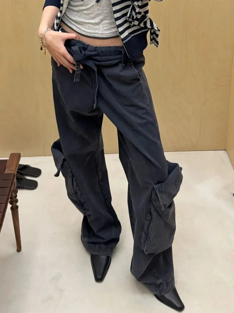 new vintage wash to do old drawstring roll-edge multi-pocket cargo pants lazy casual loose mopping pants