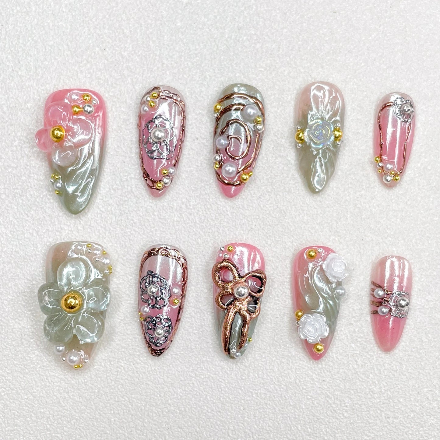 New Handmade Embossed Series Nail Art Press on Nails Carved Hand Painted Fake Nails Almond Bow Style Mandarin Duck Series
