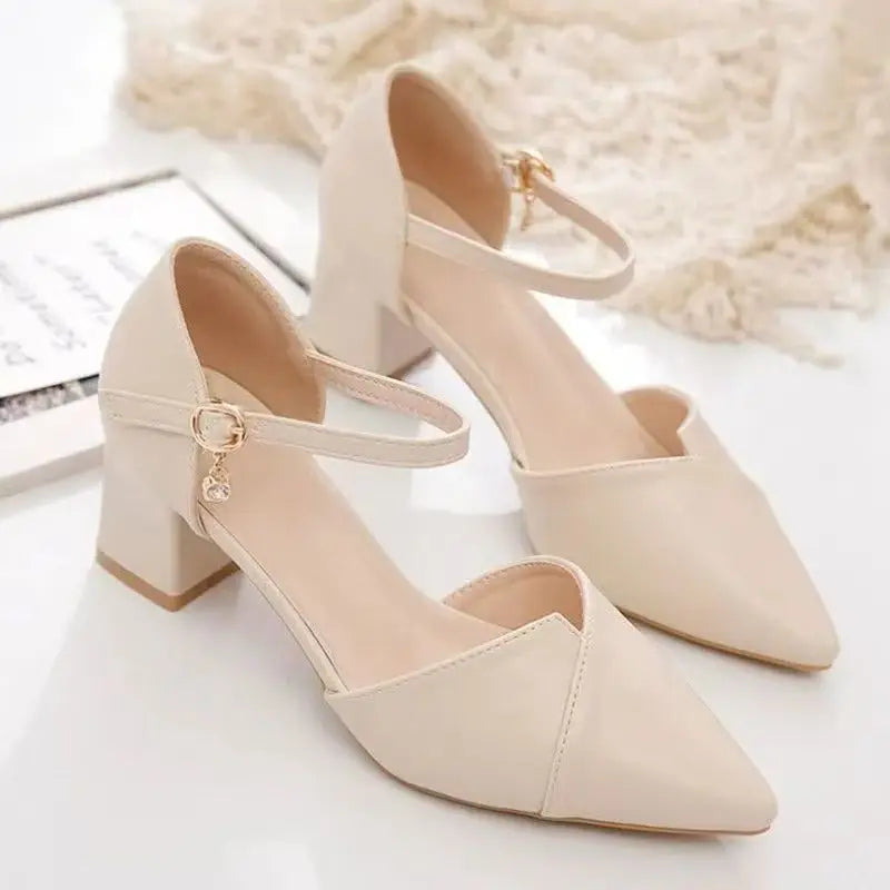 Manufacturer   Ladies Elegant Beige Pointed Toe Thin Strap Cross Buckle Mid Heel Sandals Daily Office Shoes   Pumps