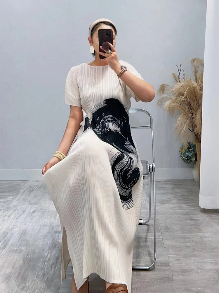 TIANPEI Pleated Ink Painting Printed Dress Fall  Summer New Large Size Long Elegant Slit Dress Designer Clothing