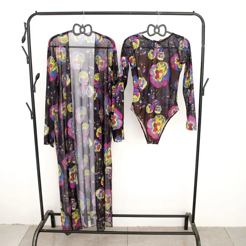 Fashion Printing Swimming Suit for Women Sexy Long Sleeve One Piece Swimsuits Mesh Bikini Cover Up  New Vintage Two Piece Set