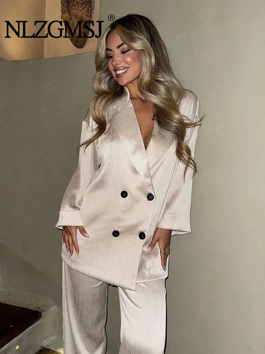 Autumn Women Casual Blazer Coat Pants Set Long Sleeve Double Breasted Blazer + Wide Leg Trousers Lady Office Outfit