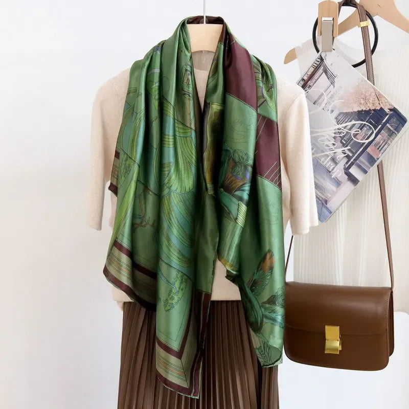 High-end Elegant Women Fine Olive Green Saddle Splicing Print Quality Plain Satin Silk Hand-rolled Edge Large Square Scarf Shawl
