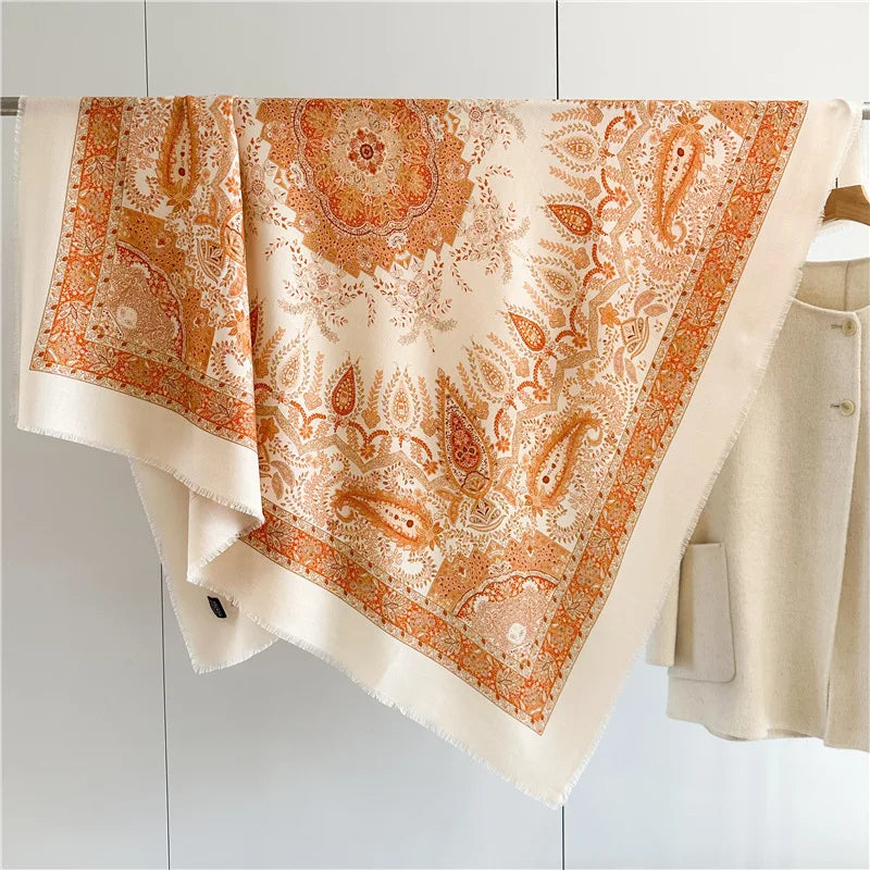 Double Sided Tassels Scarf Luxury Women Warm Silk Wool Shawl 140cm Pashmina Vintage Foulard Head Bag Wrap Stole Christmas Gift