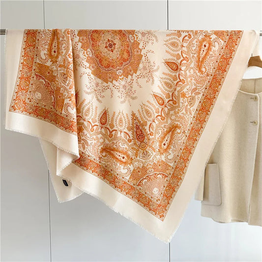 Double Sided Tassels Scarf Luxury Women Warm Silk Wool Shawl 140cm Pashmina Vintage Foulard Head Bag Wrap Stole Christmas Gift
