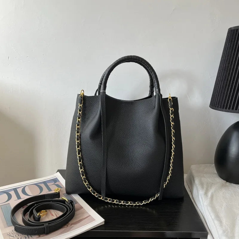 New Leather Women's Bag First Layer Cowhide Coarse Lychee Pattern Fringed Chain Large Empty Capacity Tote Portable Shoulder Bag