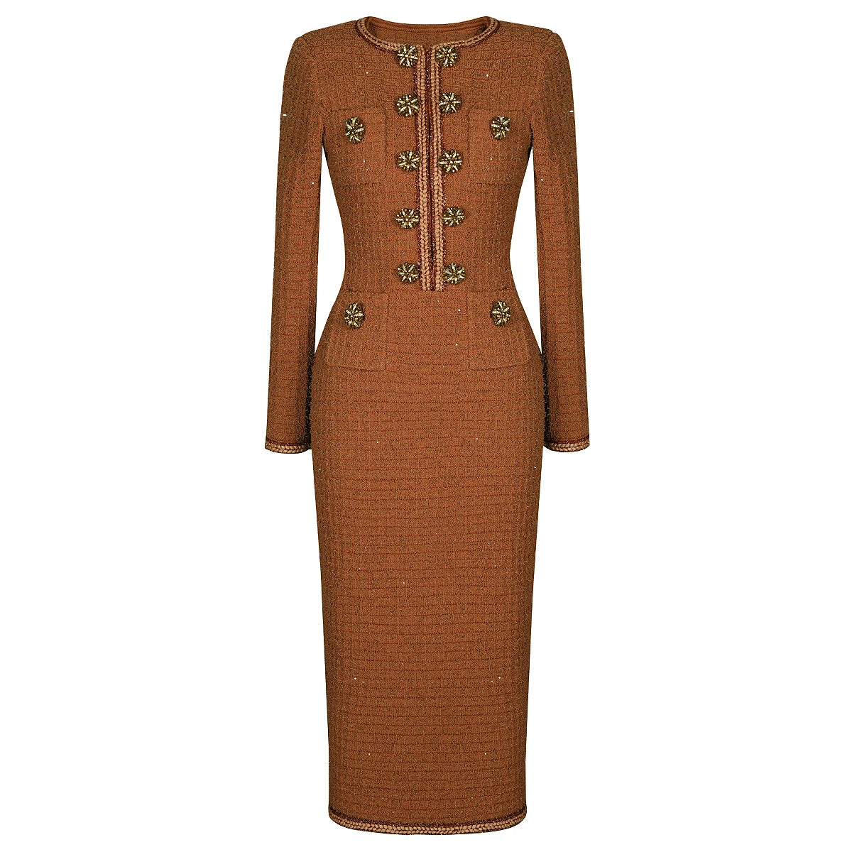 Three Colors Of High-quality Autumn New Style Fashionable Stretch Knit Round Neck Big Button Long Sleeved Slim Fit Women's Dress