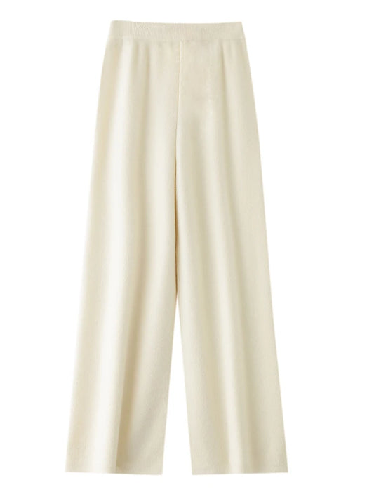 Women 100% Merino Wool Knitted Wide Leg Pant Autumn Winter Basic Soft Warm Cashmere Knit Trousers Casual Simple Fashion Style