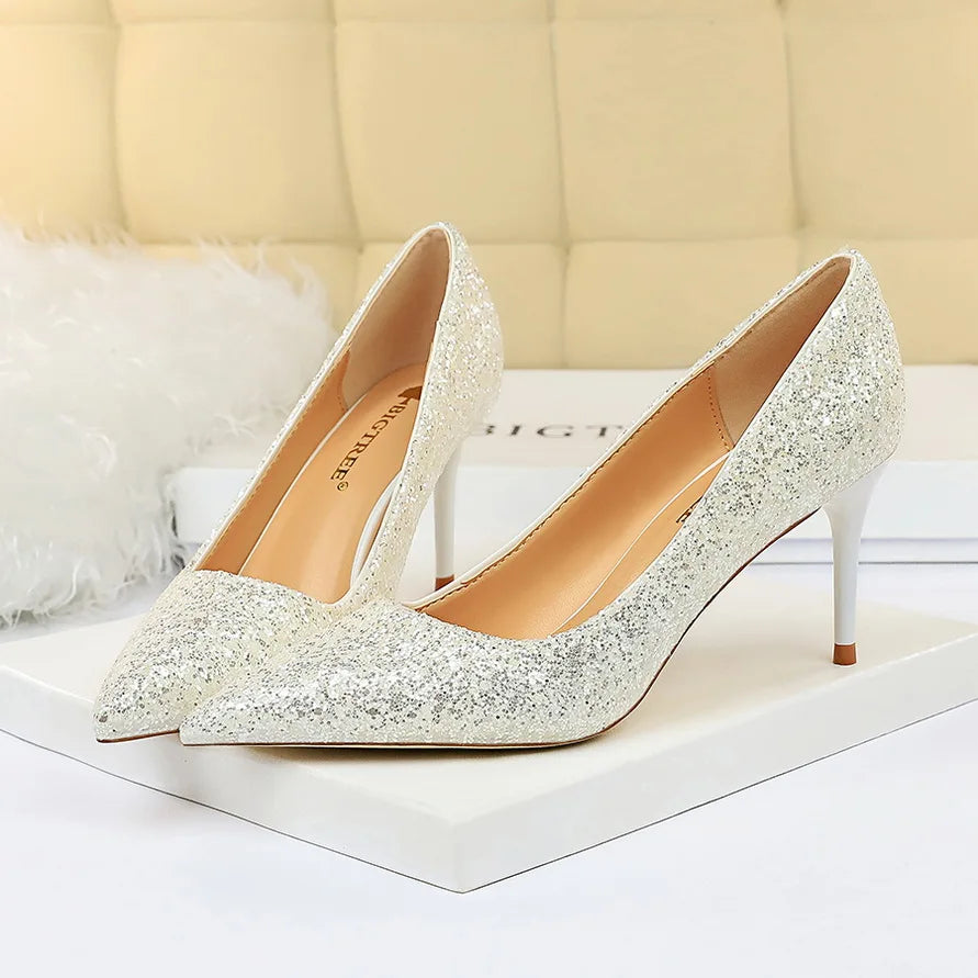 Manufacturer   Women 7cm 9.5cm High Heels Pumps Wedding Bridal Scarpins Sparkly Mid Heels Lady Party Sequins Glitter Evening Gold Silver Shoes   Pumps