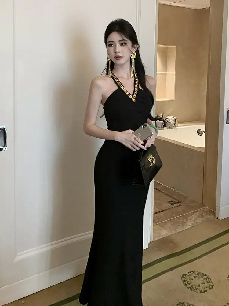 Vintage Women's Black V-neck Sequin Off Shoulder Sleeveless Backless Halter Dress Summer Sexy Club Party Elegant Long Dres Trend