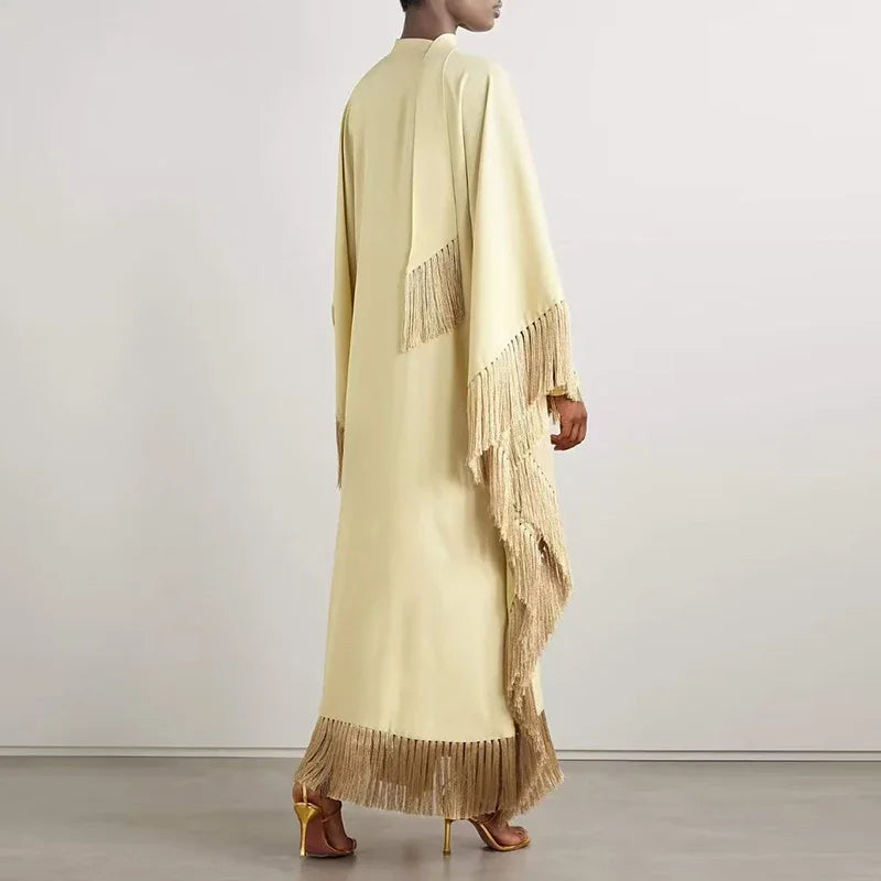 Robes Woman Solid Tassel Irregular Long Dresses Spring Flare Long Sleeve Loose Maxi Dress Fashion V Neck Tie-up Boho Party Dress