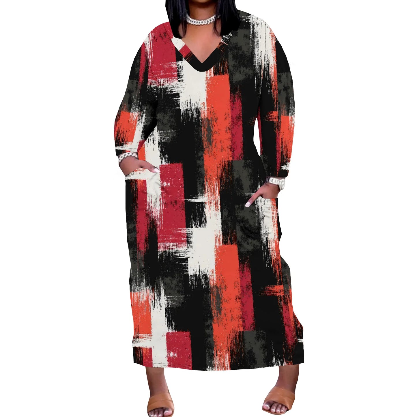 Oversized Baggy Summer Womens Print Dresses Sexy Casual T-Shirt V Neck Long Sleeve Maxi Dress with Pocket