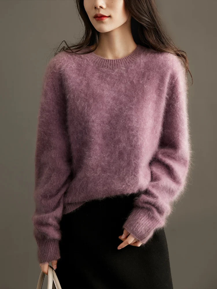 Birdtree-Brushed Heavy Pullover For Women, 100%Goat Cashmere, O-Neck, Seamless Loose Sweater, Fall Winter Warm Outwears T49008QM