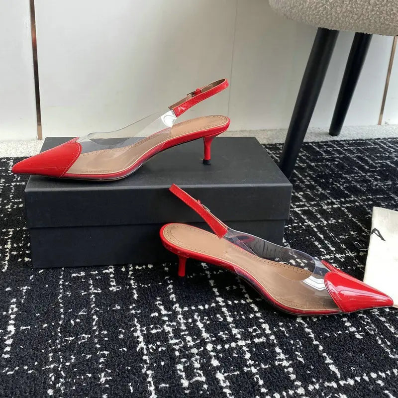 Manufacturer  New Pointy Peach Heart Fine Heel Shoes Sexy Pvc Transparent Film Black Patent Leather High Heel Overhead Sandals   Pumps