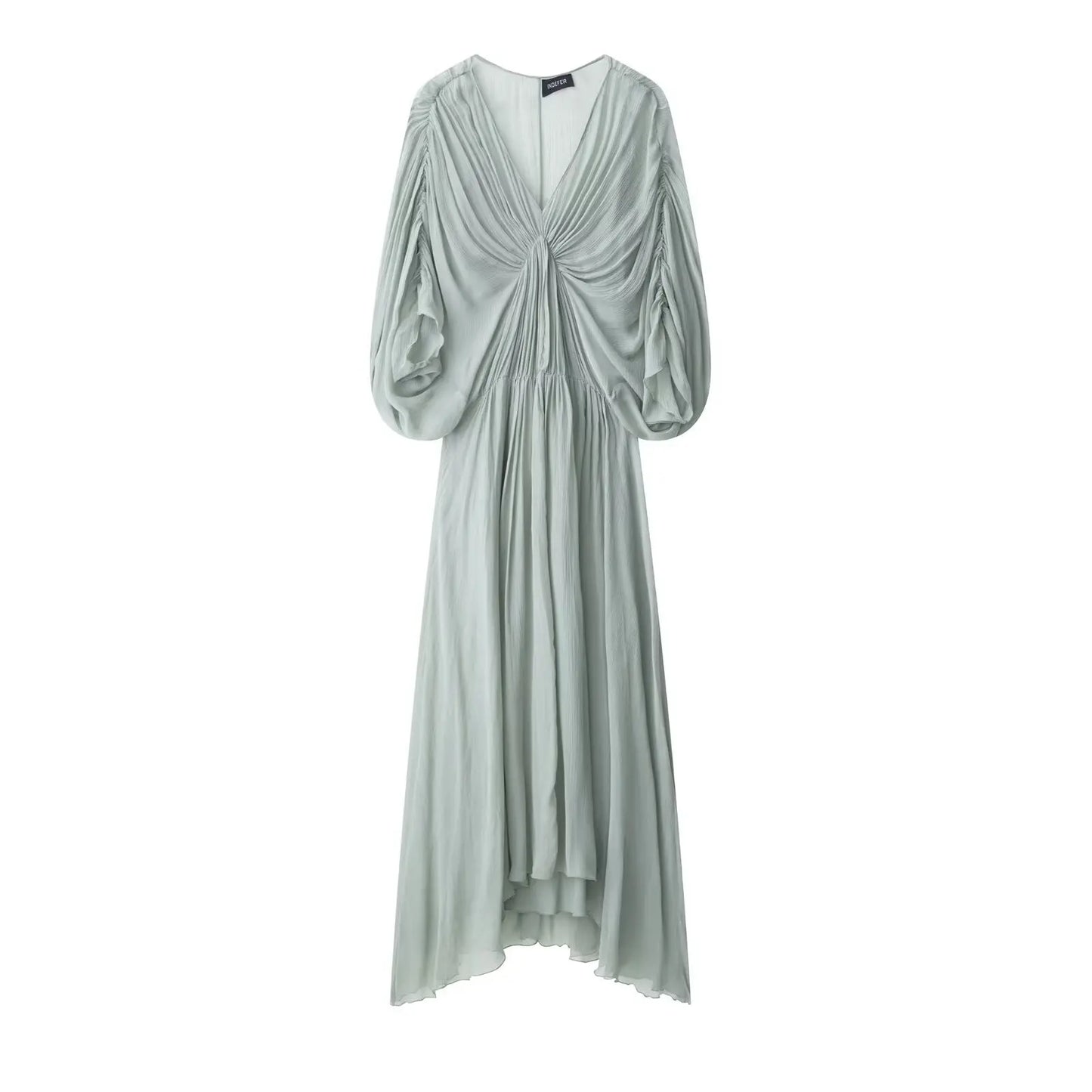 TRAFZA Women's Summer Fashion V-neck Pleated Decoration Short Sleeve Mid Dress Female Elegant Backless Solid Sexy Long Dress