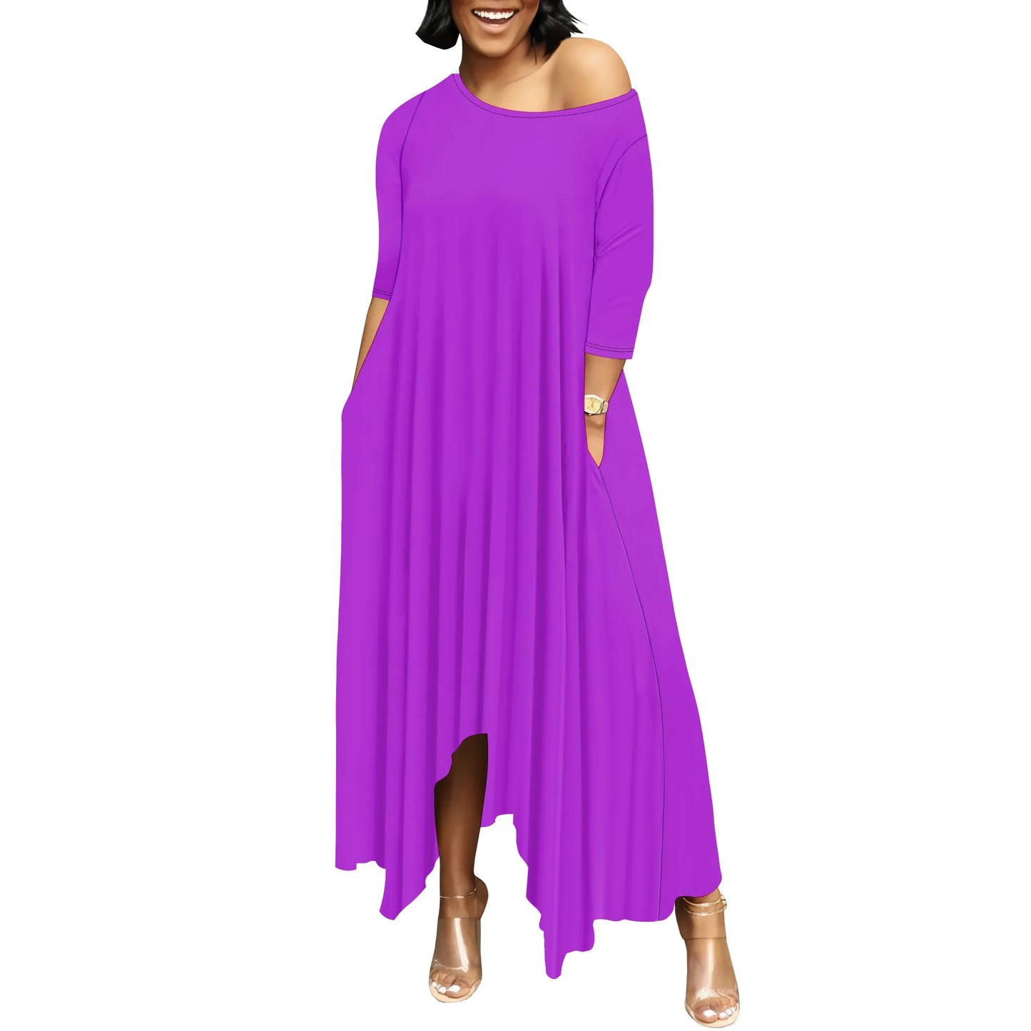 Women One Shoulder Sleeve Printed Dress High Waist Split Party Cocktail Long Dress