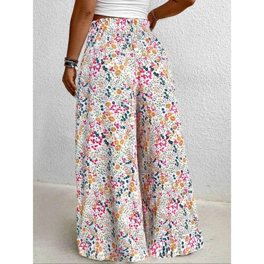 Plus Size 1XL-5XL Women Fashion Floral Print Wide Leg Pants Female Casual  Elegant Drawstring High Waisted Loose Long Trousers dress