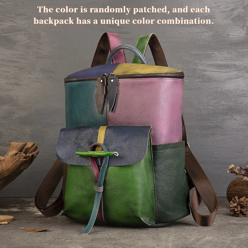 Soft Cowhide Student Backpack Colorblock Laptop Bag Large Capacity Girls School College Bookbag Trendy Durable Water-Resistant