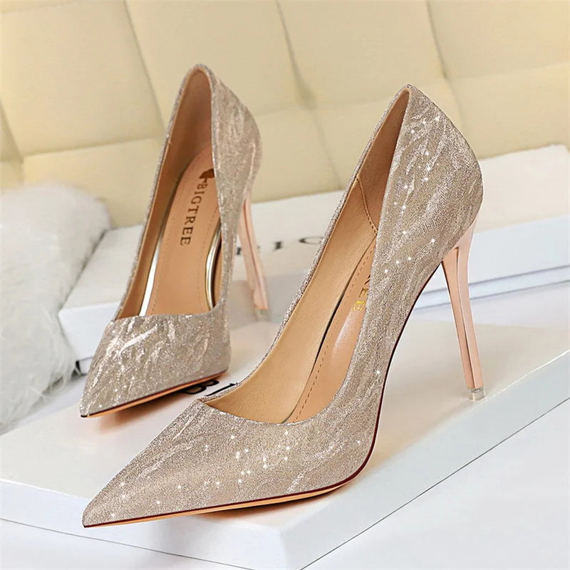 Manufacturer   Fashion Comfort Wedding Single Shoes Shallow Mouth Thin High Heel Woman Pumps Pointed Toe Elegant Sequins Sandals   Pumps