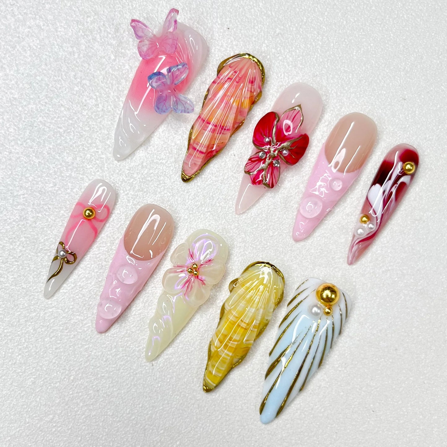 New Heavy Industry Long Tip Relief 3D Press on Nails Flower Series Handmade High-end Fake Nails Mandarin Duck Series