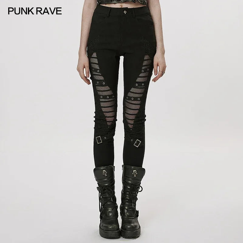 PUNK RAVE Women's Gothic Hollow-out Eyelet Webbing Leggings Punk Personality Handsome Sexy Girl Tights Pants Spring/autumn  pant
