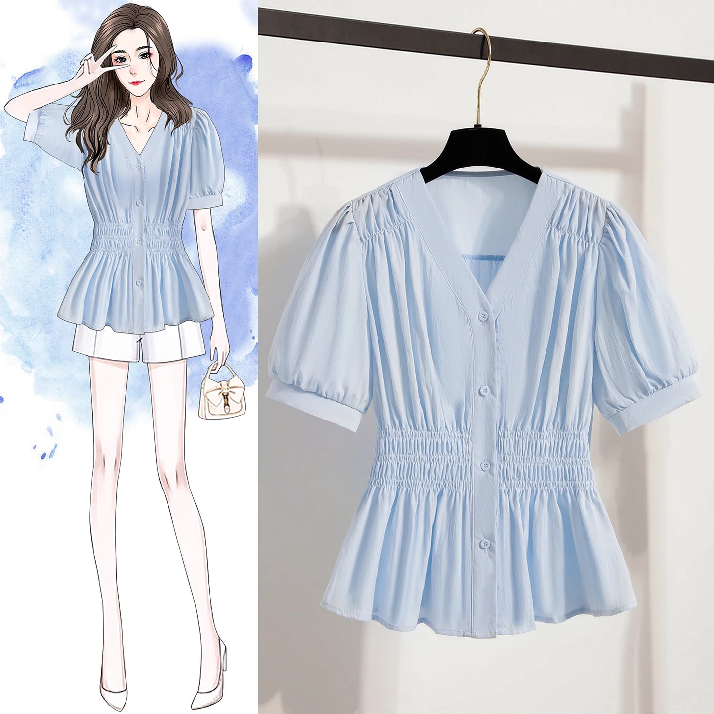 Plus Size Chiffon Blouse Women Summer New Fashionable V Neck Short Sleeve Big Size Women Tops Elastic Waist Shirts Blouses  dress