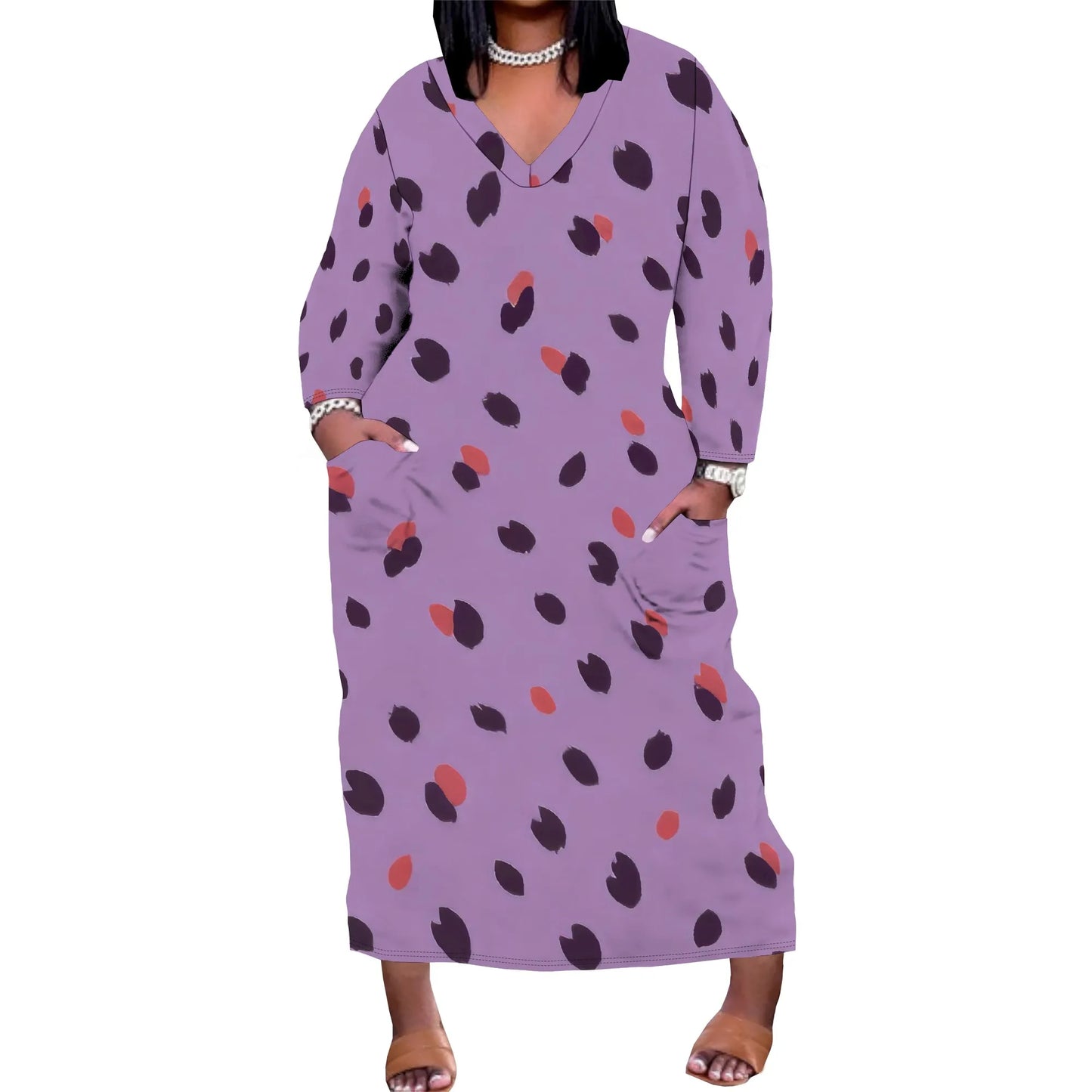 Women's Long Sleeve Plus Size Polka Dot Print Maxi Dress V Neck with Pockets Dress Loose Casual Autumn Outfit