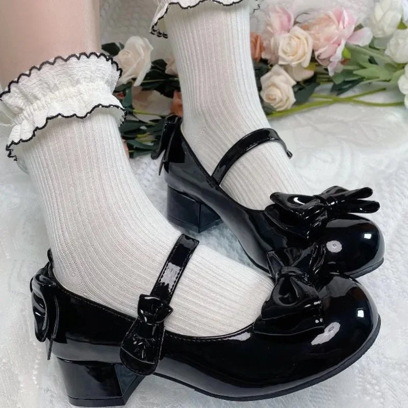 Manufacturer  Lolita Style Cute Round Head  Jane Pumps With Bow Women's Sweet Party Dress Midi Heels Shoes Fashion PU Sandals   Pumps