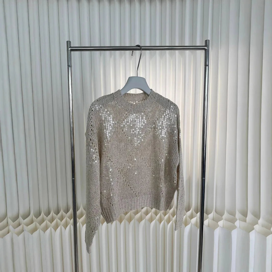Spring And Summer Ladies New Heavy Embroidery Sequin Top Lazy Style Loose Hollow Pullover Knitted Sweater