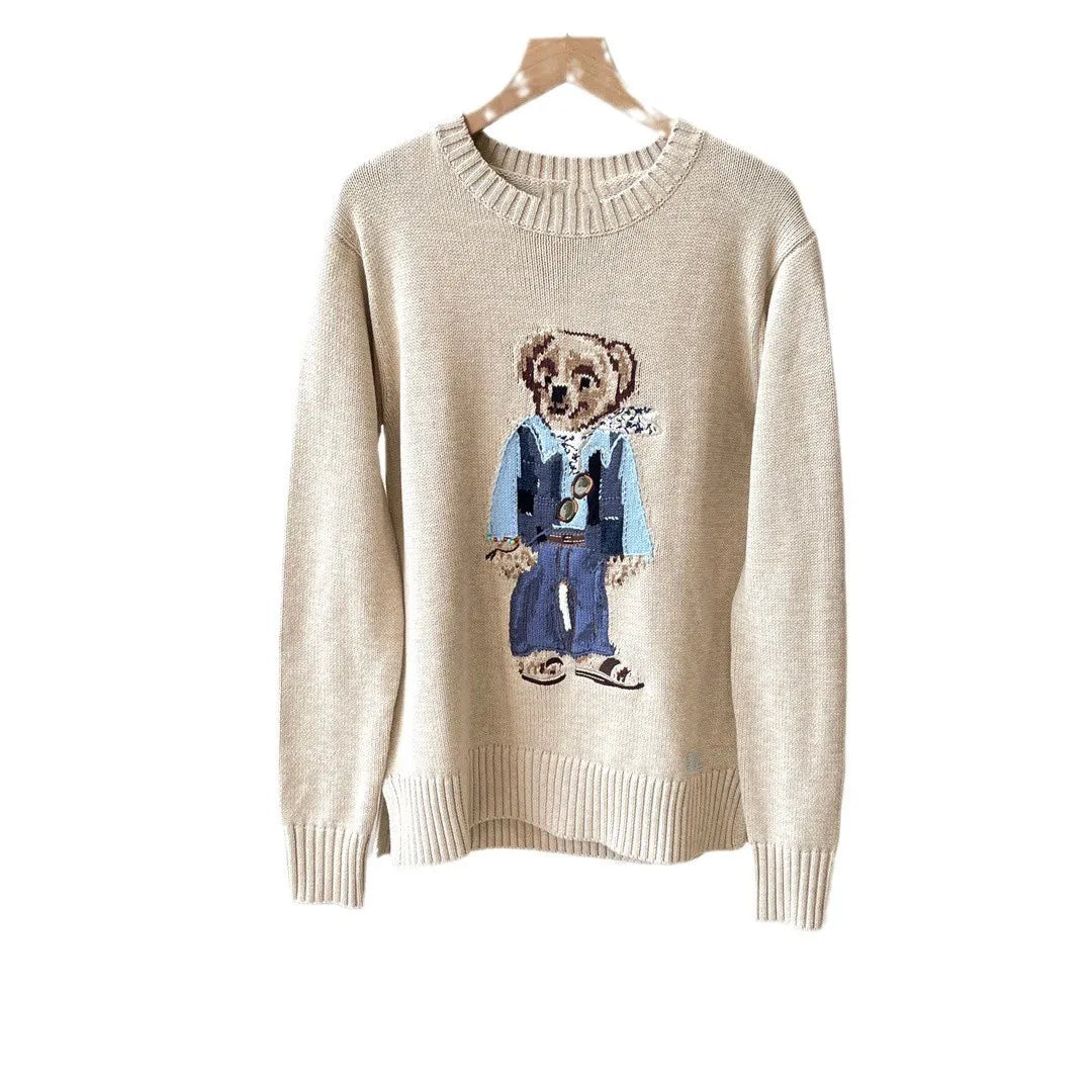 New classic denim jacket, sunglasses, teddy bear embroidery, pure cotton loose and versatile knitted women's pullover sweater