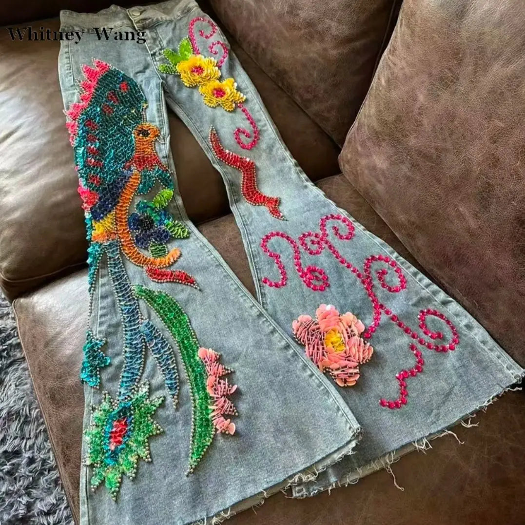 WHITNEY WANG Designer Style  Autumn Fashion Streetwear Handmade Sequins Beading Bird Big Flare Jeans Women Denim Pant