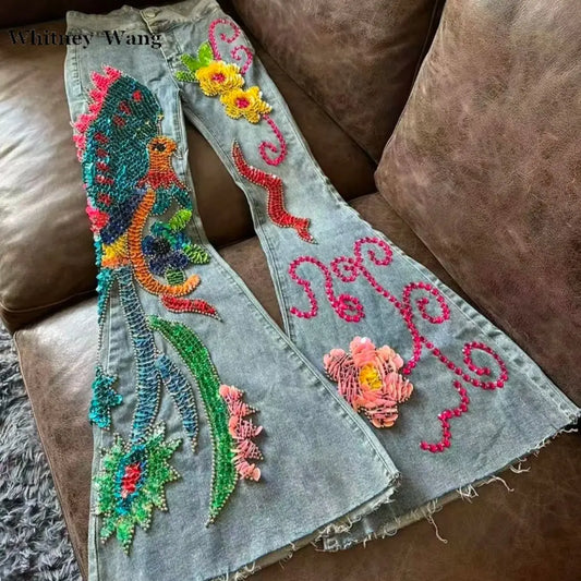 WHITNEY WANG Designer Style  Autumn Fashion Streetwear Handmade Sequins Beading Bird Big Flare Jeans Women Denim Pant