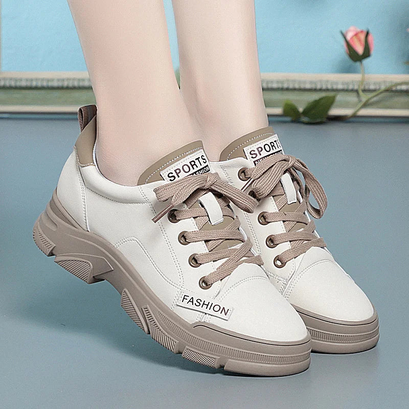 Manufacturer   Spring Women Non-slip Soft Leather Sneaker Trekking Footwear New Thick-soled Lace-up Leisure Skateboard Sports Shoes    Sneakers