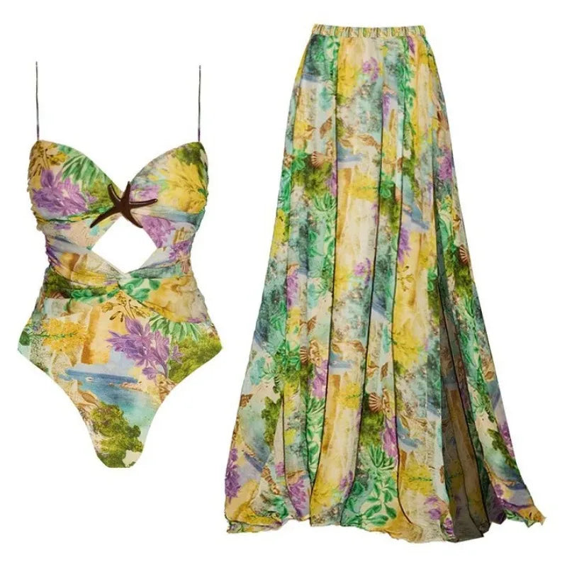 One Piece Floral Swimsuits Women Maxi Dress Print Starfish Brooch Swimwear With Skirt Vacation Bathing Suit Summer Outfit