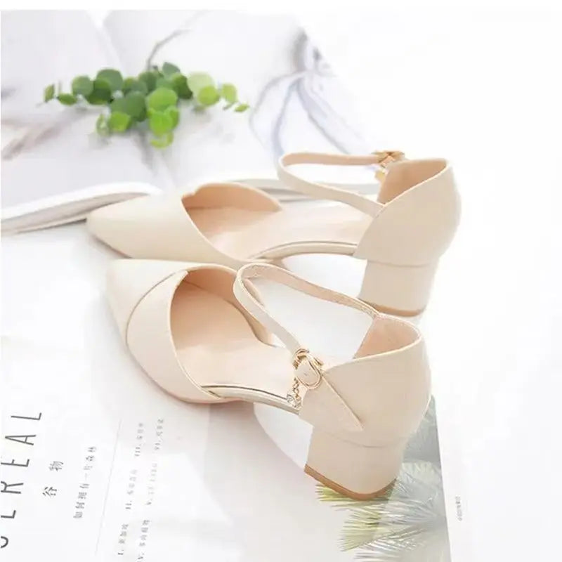 Manufacturer   Ladies Elegant Beige Pointed Toe Thin Strap Cross Buckle Mid Heel Sandals Daily Office Shoes   Pumps