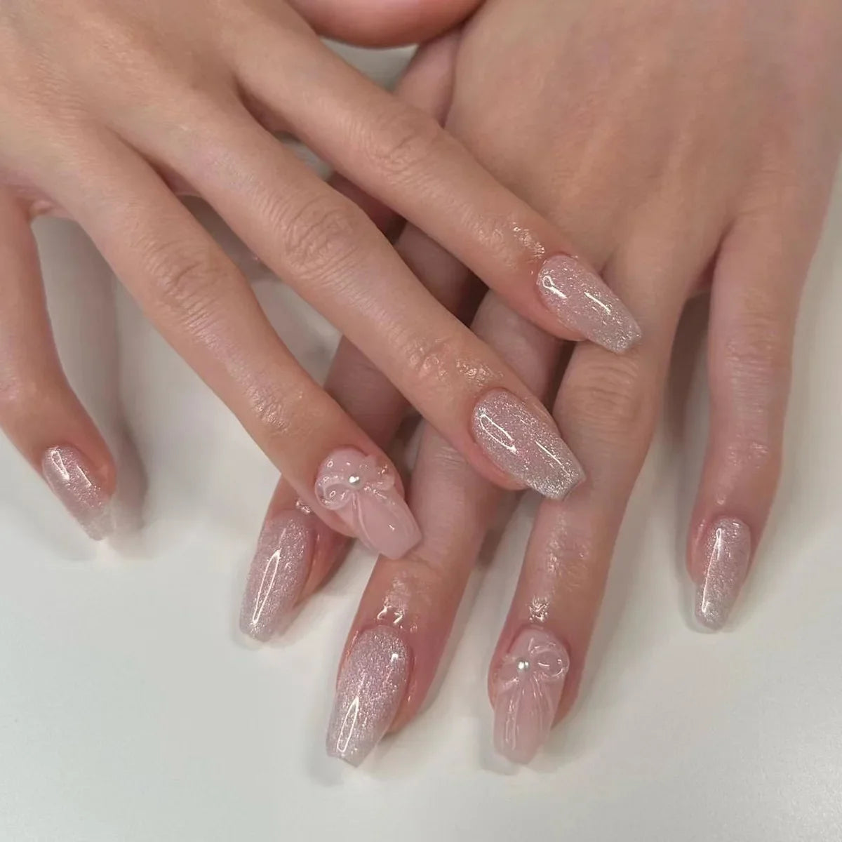 24Pcs Ballet Square Pink Press on Bow Nails 3D Flower with Bandage Design French Nail Tips for Women&Girls Daily,Spring wear