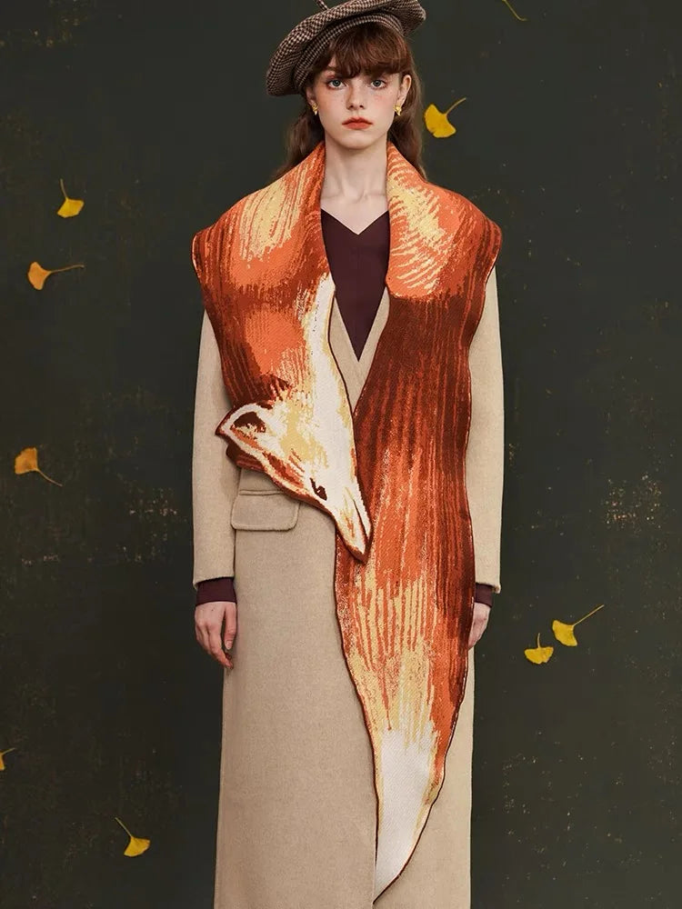 Spring Autumn Original Design Women Vintage Style Chic Red Fox Warm Knitted Scarf 210*26cm