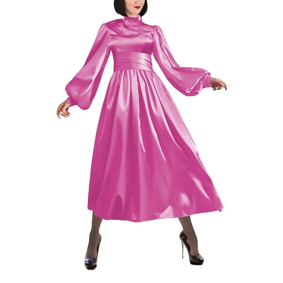 Plus Size Satin Evening Dress Elegant Drape High Neck Long Sleeve Dress Ladies Party Belted Long Gown Women A-Line Prom Dress