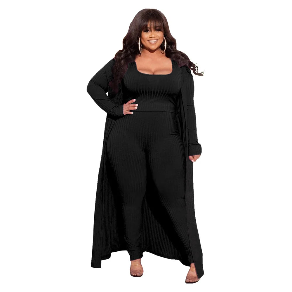 3 Piece Women Outfits Sets Sexy Square Collar Tops+long Coat Tight Pants Solid Color Fashion Plus Size Clothing Wholesale  suits