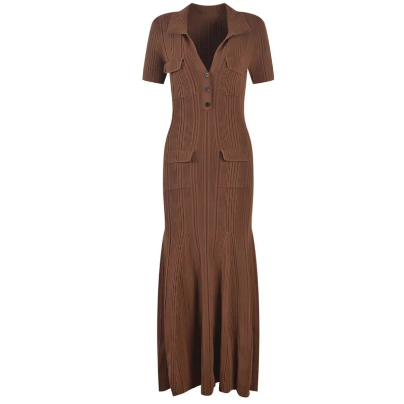 EACA  Autumn/Winter New Style Flip Collar Pit Stripe Elastic Waist Slimming Short Sleeve Long Dress Women's Solid Color