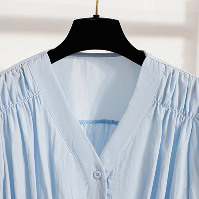 Plus Size Chiffon Blouse Women Summer New Fashionable V Neck Short Sleeve Big Size Women Tops Elastic Waist Shirts Blouses  dress