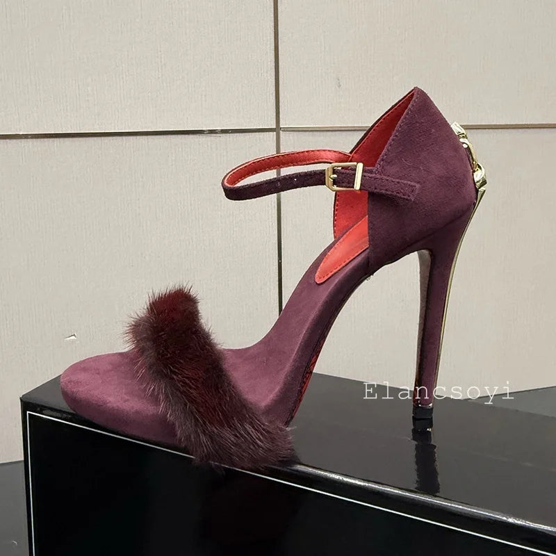 Manufacturer   Super High Heels Sandals Women Mink Fur Metal Sword Thin Heels Open Toe Ankle Strap Sandalias Summer Fashion Party Dress Pumps   Pumps