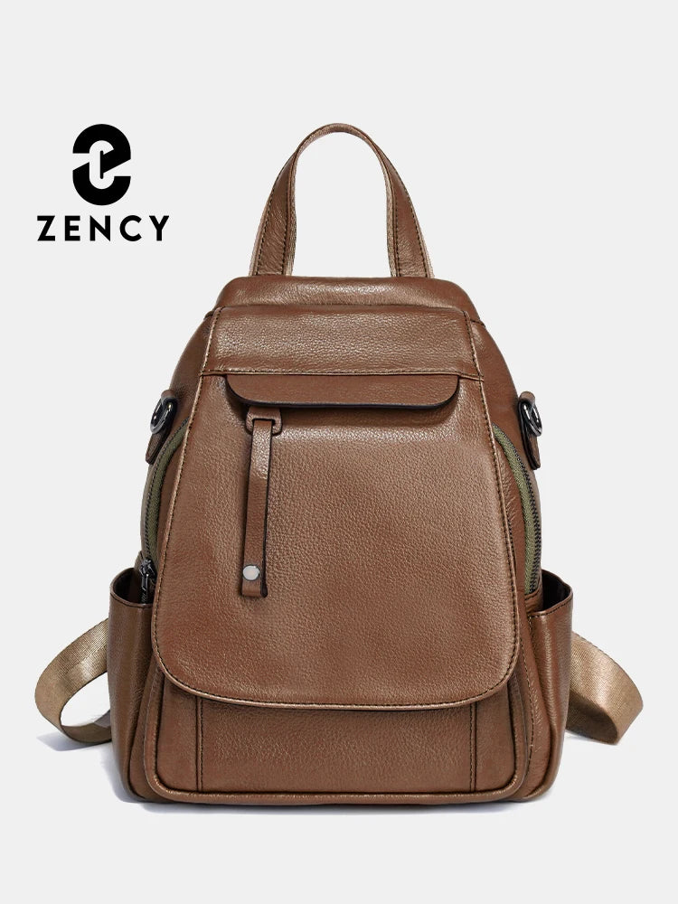 Zency Genuine Leather Women's Fashion Backpack High Quality School Travel Shoulder Bag Satchel Rucksack Multifunctional Pockets