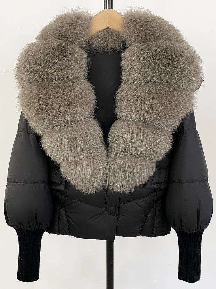 ZMEENNA Women's Black Puffer Down Jacket With Large Real Fur Collar Short Warm Winter Coat Knit Cuffs Elegant Outerwear