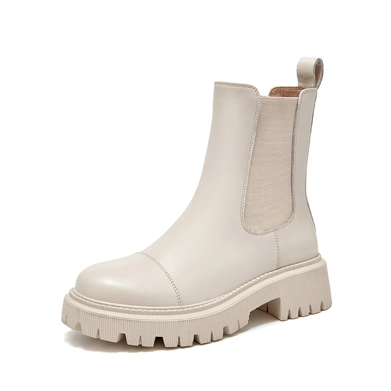 Manufacturer   Boots Platform Women Cow Leather Chelsea Boots Round Toe Elastic Band Thick Sole Ladies Shoes Handmade    boots